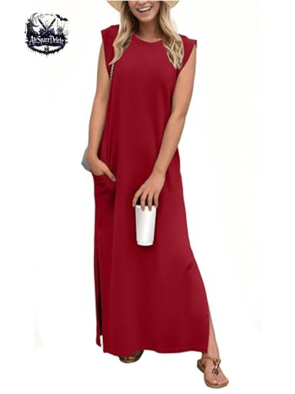 Maxi Dress Round Neck Sleeveless Side Slit Pockets Casual